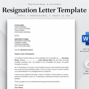 May include: A professional and editable resignation letter template document featuring placeholders for contact information, recipient details, and a formal resignation statement. The document includes a Microsoft Word icon and an instant download icon.