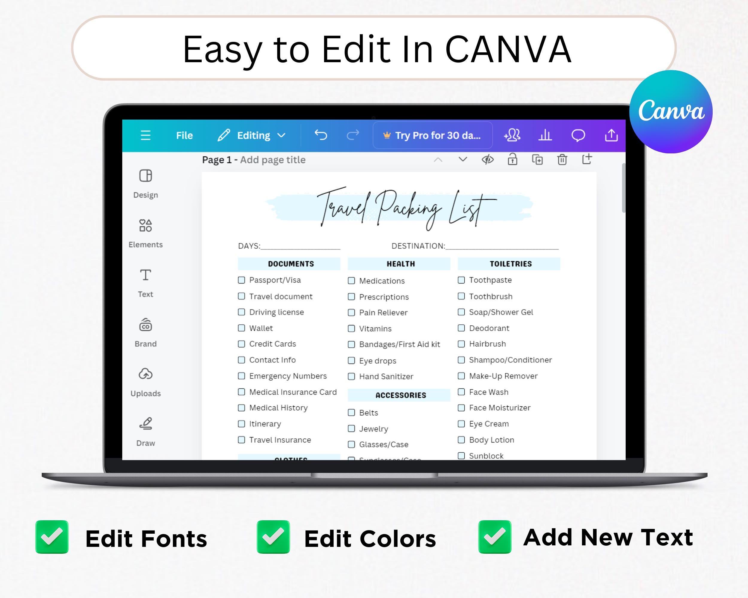 Editable Travel Packing List Canva | Printable Vacation Checklist for ...