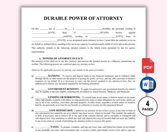 Durable Power of Attorney Template Editable. Durable Power of Attorney Form. POA Form. POA Agreement. Printable Word PDF Instant Download