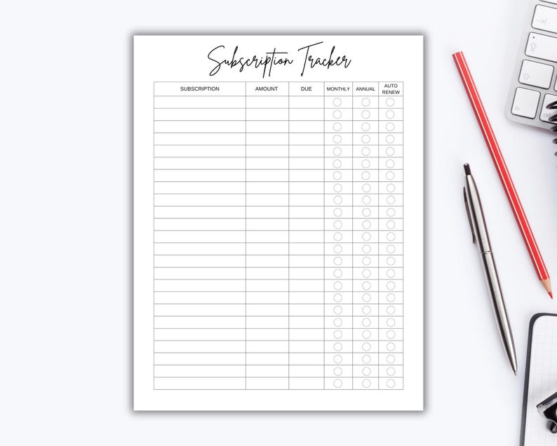 Subscription Tracker Printable, Membership & Account Log, Monthly ...