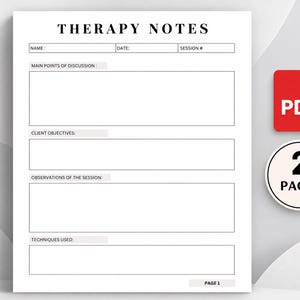 Könnte beinhalten: Eine weiße Vorlage für Therapiemotizen mit schwarzem Text und Rändern. Das Formular enthält Felder für Name, Datum, Sitzungsnummer, Hauptdiskussionspunkte, Klientenziele, Sitzungsbeobachtungen und verwendete Techniken. Ein rotes PDF-Symbol und ein kreisförmiges Abzeichen mit der Angabe 2 Seiten sind abgebildet.