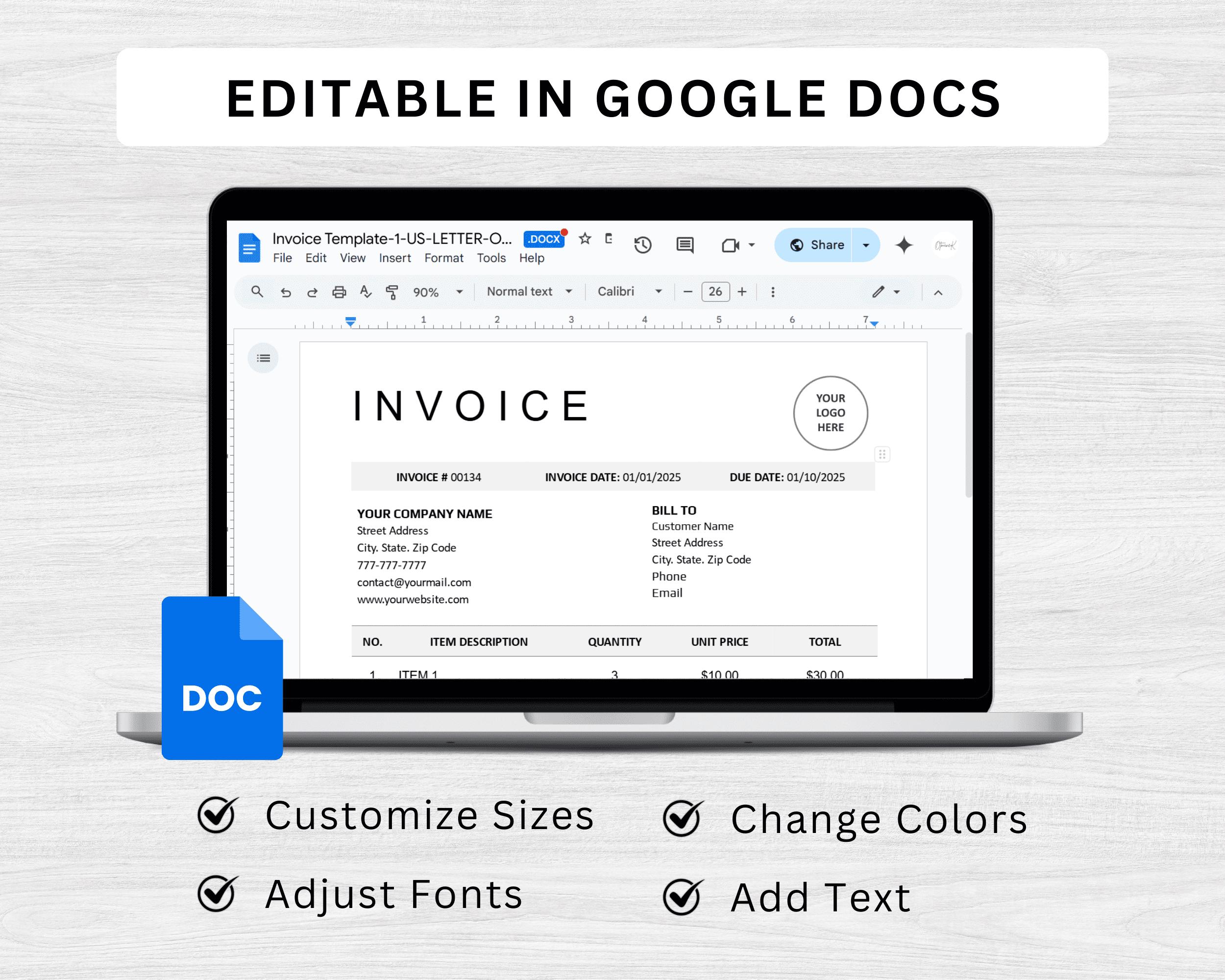 Invoice Template Word & Google Docs. Modern Printable Billing Template ...