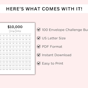 May include: A printable $10,000 savings challenge tracker with 100 envelopes. The tracker is in a US letter size PDF format and includes an instant download for easy printing.