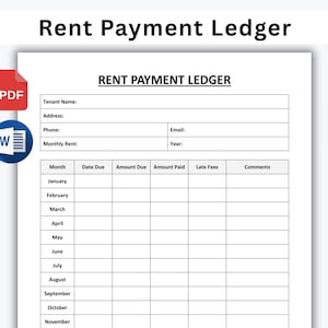 May include: A white Rent Payment Ledger with the title "Rent Payment Ledger" at the top. The ledger includes fields for tenant information and a table for tracking monthly rent payments. A red pen and a silver pen are on the right side of the ledger.
