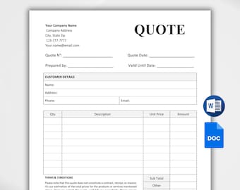 Quote Template Editable. Job Proposal Template. Price Quotation Sheet. Business Estimate Form. Quote Form. Google Docs/Word Instant Download