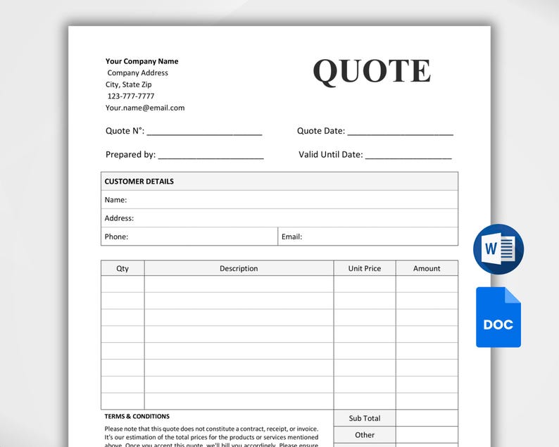Quote Template Editable. Job Proposal Template. Price Quotation Sheet ...