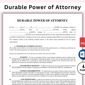 Durable Power of Attorney Template Editable, Durable Power of Attorney Form, POA Form, Printable POA Agreement, Word PDF Instant Download