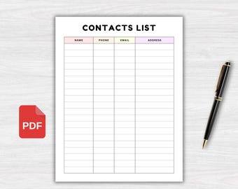 Printable Contact List, Client Contact Information, Address Book Printable, Contact Organizer, Planner Insert, PDF Instant Download
