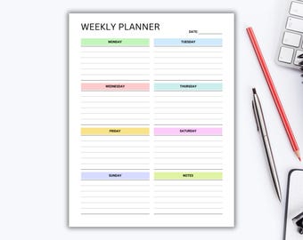 Planificador semanal imprimible, organizador de horarios colorido, horario semanal, resumen semanal, planificador de oficina, lista de tareas semanales, organizador de trabajo.