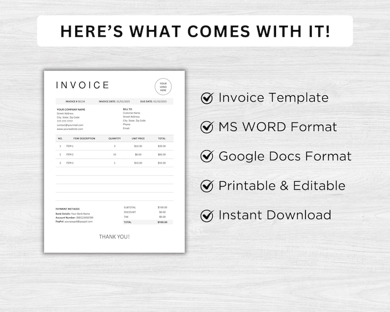 Invoice Template Word Google Docs, Modern Printable Billing Template ...