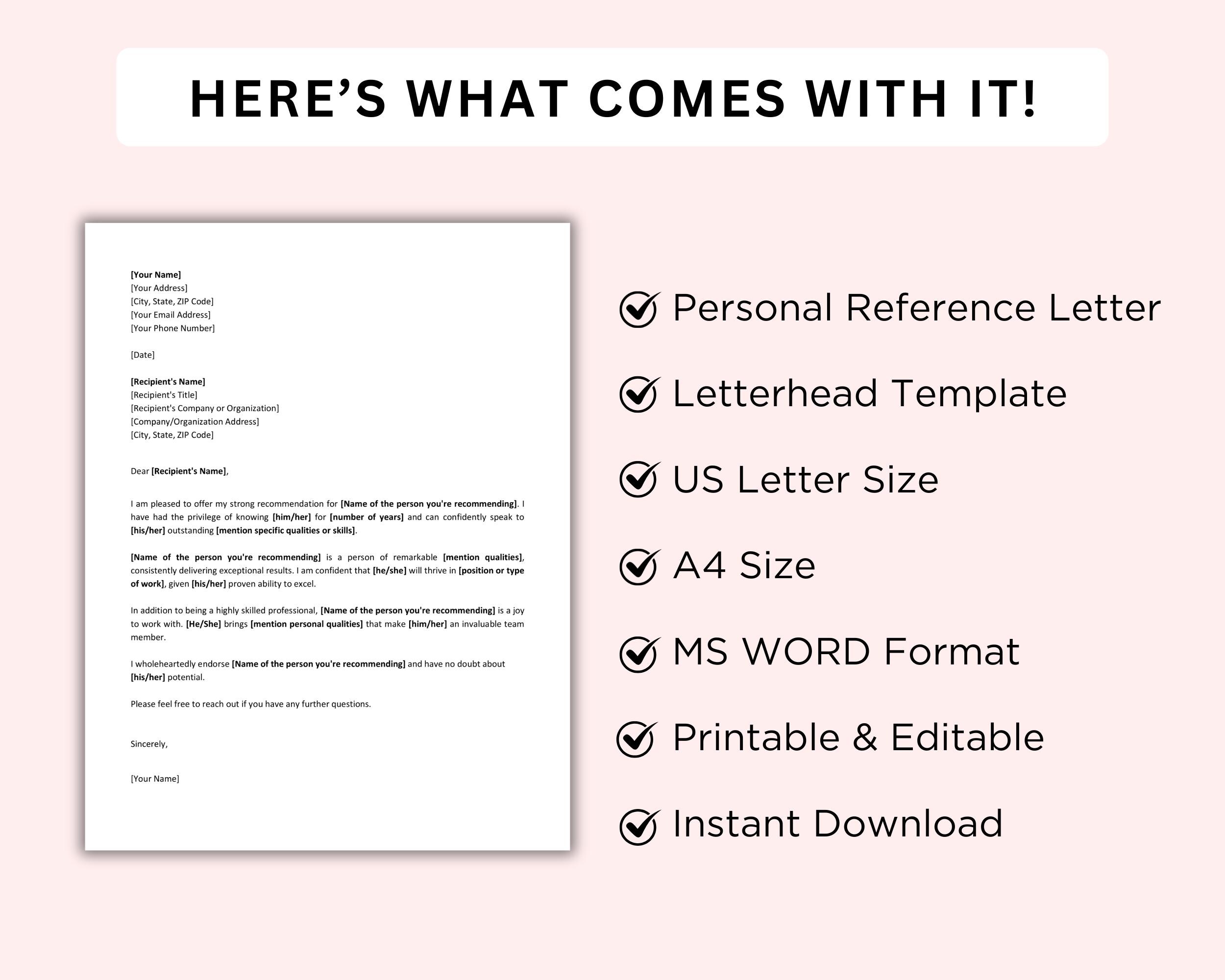 Personal Reference Letter Template Editable, Character Reference Letter ...