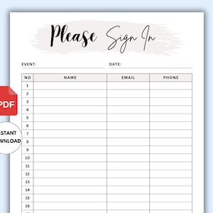 May include: A printable sign-in sheet with the text "Please Sign In" at the top. The sheet has columns for event, date, number, name, email, and phone.