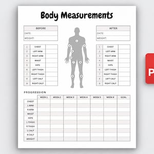 May include: A white printable body measurement tracker sheet featuring a gray human silhouette with numbered points. It includes sections for before and after measurements, a progression table for six weeks, and a red PDF icon on the right side.