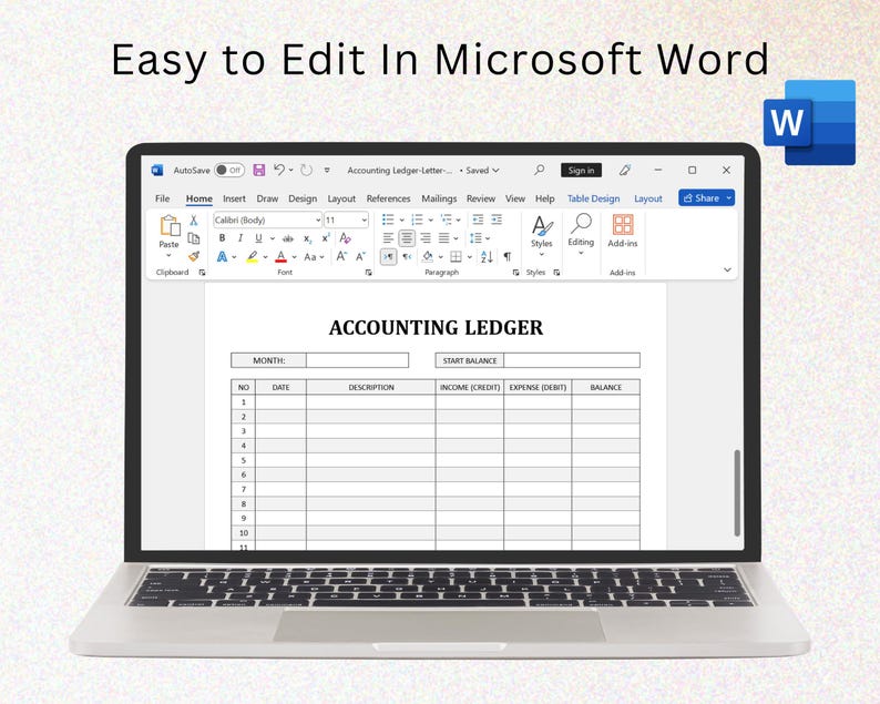 Może przedstawiać: Zrzut ekranu dokumentu Microsoft Word z tabelą zatytułowaną "Księga rachunkowa". Tabela zawiera kolumny dla miesiąca, daty, opisu, przychod&oacute;w (debet), wydatk&oacute;w (kredyt) i salda.