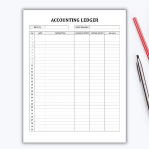 May include: A black and white printable accounting ledger with columns for month, date, description, income (credit), expense (debit), and balance.