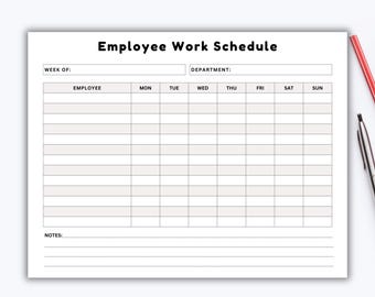 May include: A blank printable employee work schedule template with columns for employee name, days of the week, and notes. The template has fields for the week of and department.