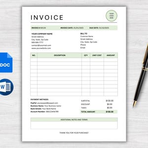 May include: A blank invoice template with a green and white color scheme. The template includes fields for invoice number, invoice date, due date, bill to, description, quantity, unit cost, amount, subtotal, discount, taxes, and total amount. The template also includes a section for payment methods and additional notes and terms.