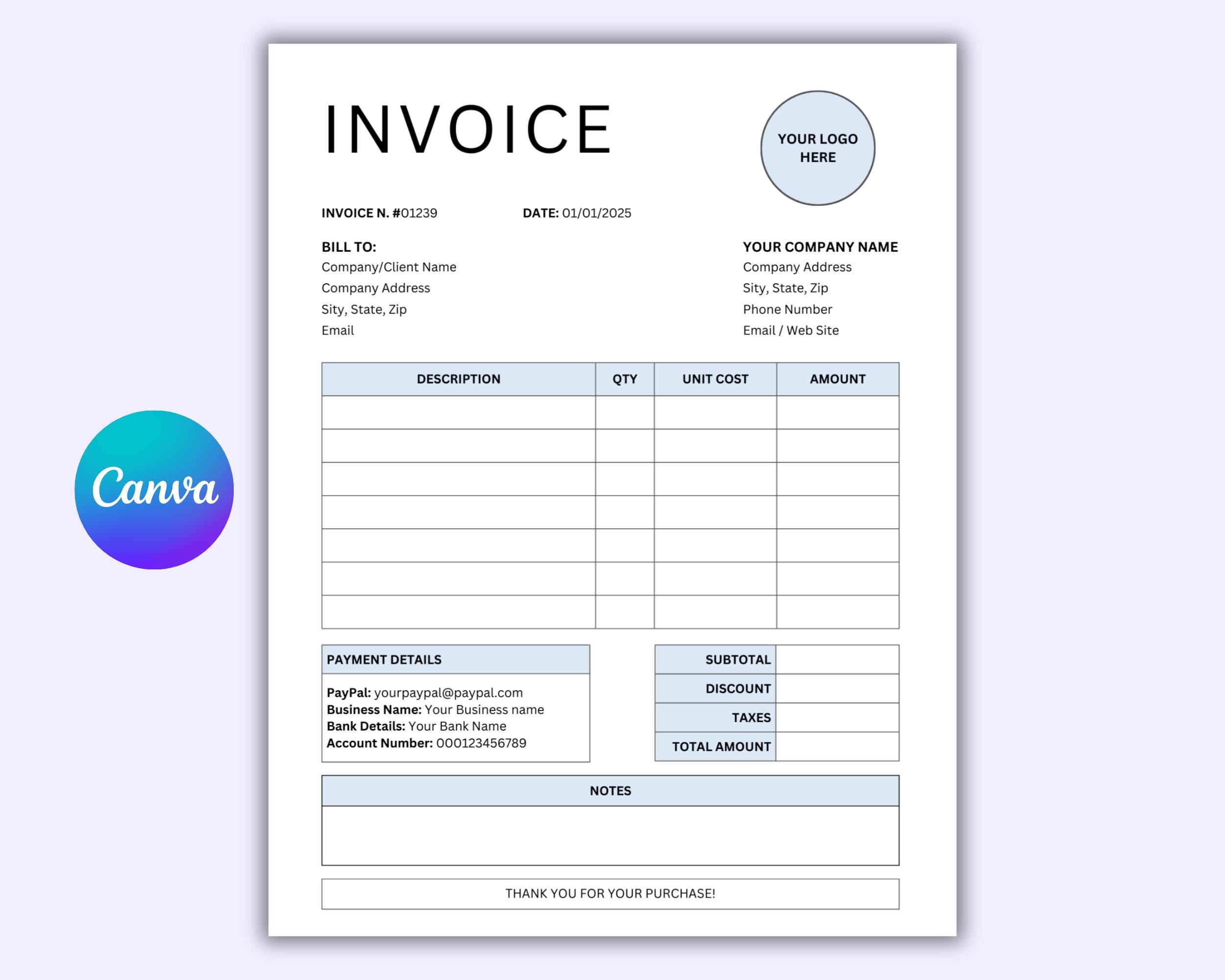 Editable Invoice Template for Small Business, Printable Billing ...