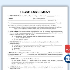 May include: A black and white lease agreement form with the title "Lease Agreement" at the top. The form includes sections for the parties, lease period, property, rent, late fee, and occupant.