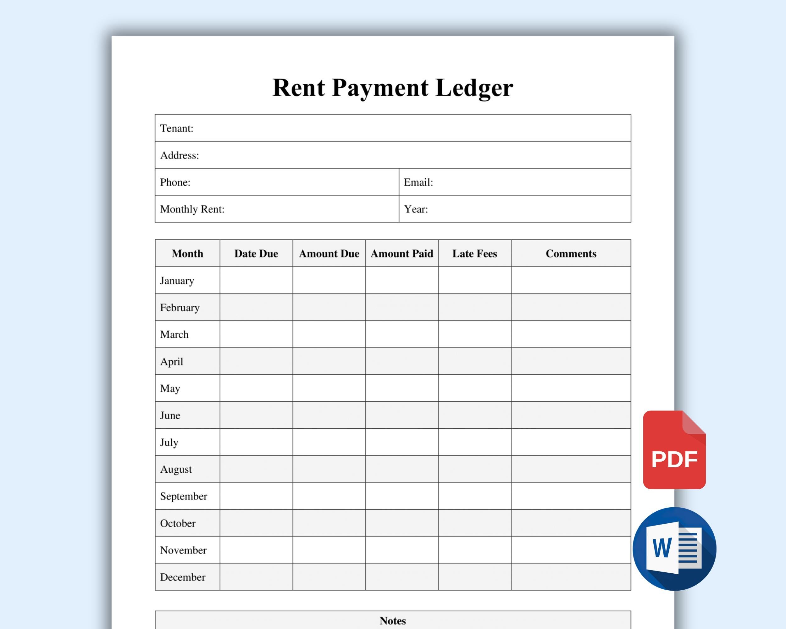 Printable Rent Payment Ledger. Monthly Rent Payment Tracker. Rent ...