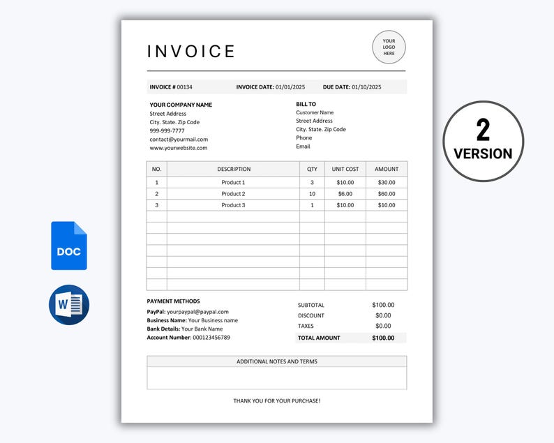 Modern Business Invoice Template | Editable Billing Form Word Google ...