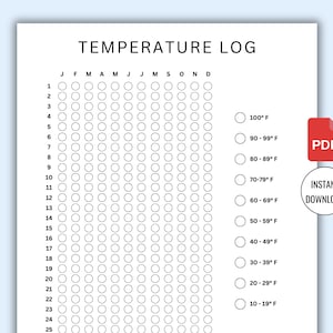 Registro de temperatura em PDF para impressão, página de diário meteorológico, gráfico diário de temperatura, planejador de registro meteorológico.