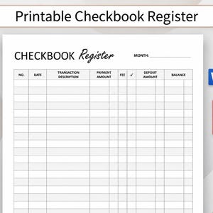 Puede incluir: Un documento de registro de chequera imprimible que presenta una tabla con columnas para número, fecha, descripción de la transacción, monto de pago, tarifa, marca de verificación, monto de depósito y saldo. El encabezado dice Checkbook Register y Month.