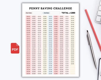 Pennyfallens-Challenge-Bundle, 365-Tage-Pennyspar-Tracker, Ein-Penny-Geldspartabelle, druckbare PDF-Datei