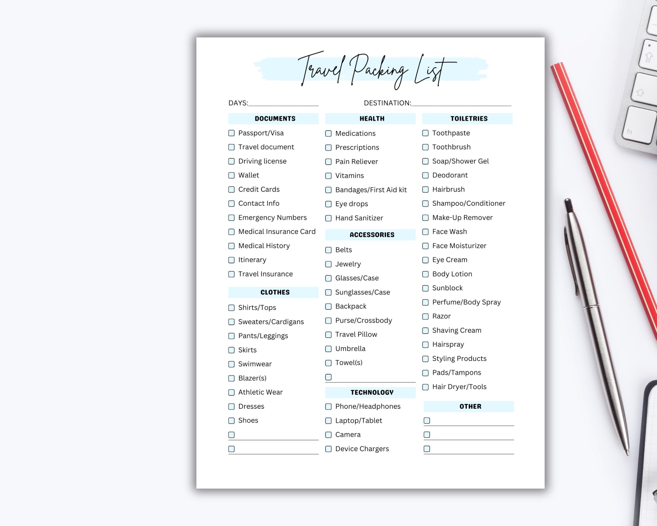 Editable Travel Packing List Canva | Printable Vacation Checklist for ...