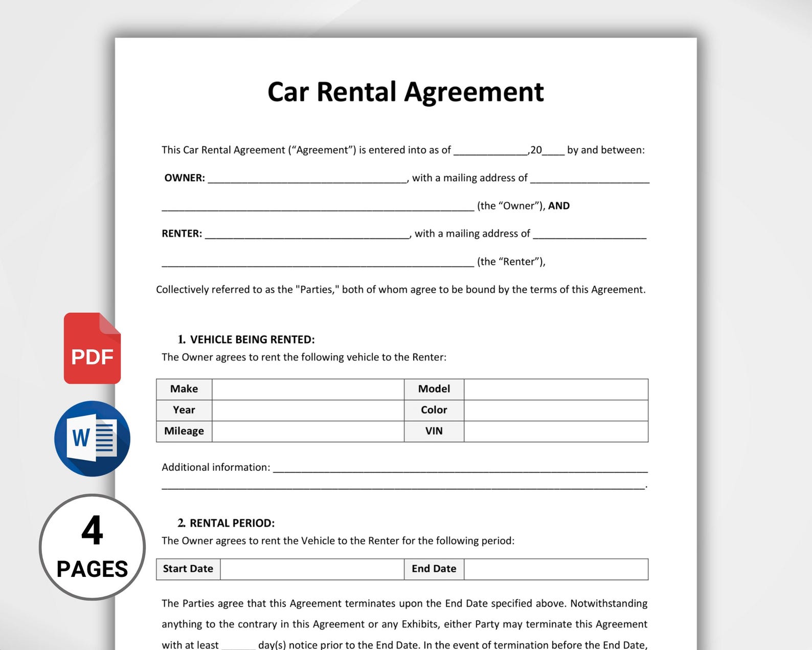 Editable Car Rental Agreement Template, Car Rental Contract, Auto ...