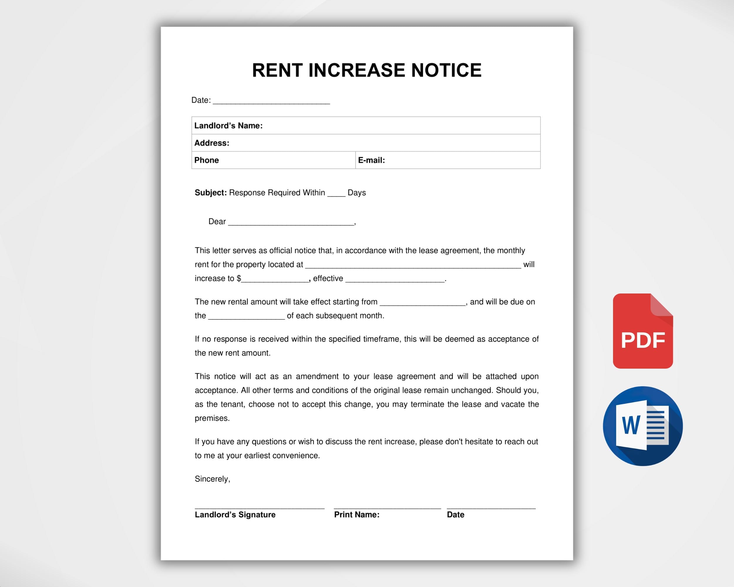 Landlord Rent Increase Forms.pdf Landlord Rent Increase Notice Template, Printable Rental Adjustment ...
