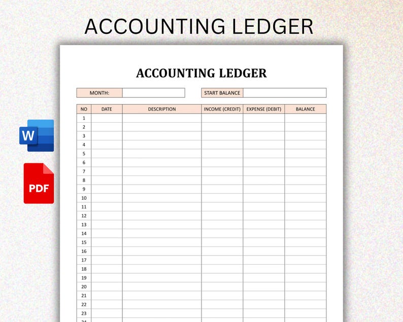 May include: A printable accounting ledger template with columns for date, description, income, expense, and balance. The template is designed for tracking financial transactions.