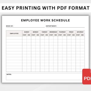 Printable Employee Work Schedule Template PDF, Weekly Work Schedule, Weekly Staff Schedule, Employee Hours, Employee Time Sheet Log PDF