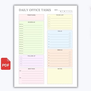 Può includere: Un planner di attività quotidiane per l'ufficio stampabile con sezioni per l'obiettivo di oggi, l'orario, il follow-up, le chiamate, le e-mail, le riunioni e le note. Il planner è codificato a colori con verde chiaro, blu chiaro, rosa chiaro e giallo chiaro.