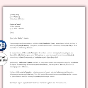 Editable Court Character Reference Letter Template | Legal Reference Letter | Character Reference for Court Letter | WORD Instant Download