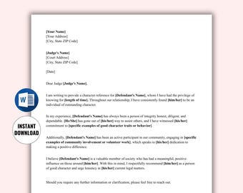 Court Character Reference Letter Template Editable | Legal Reference Letter | Personal Character Letter | Instant Download (US Letter & A4)