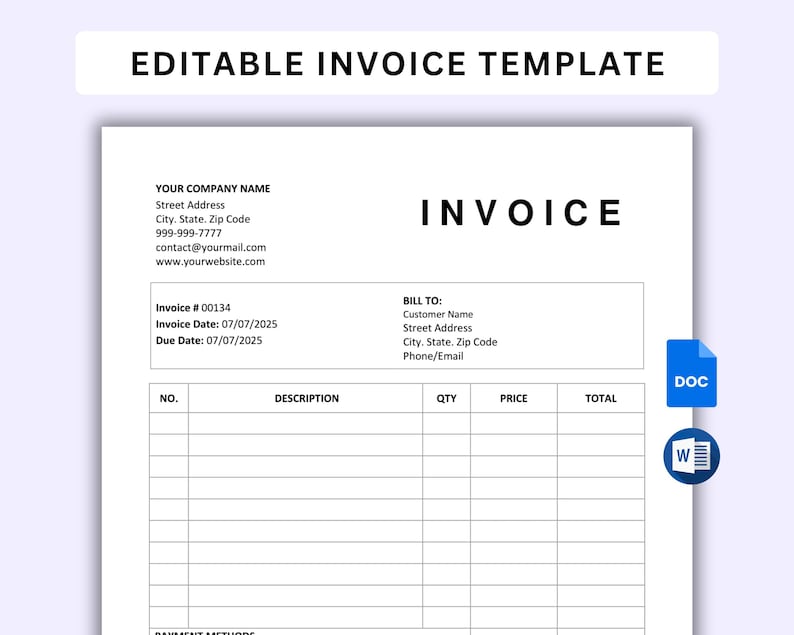 Invoice Template. Business Invoice Form. Printable Billing Template ...