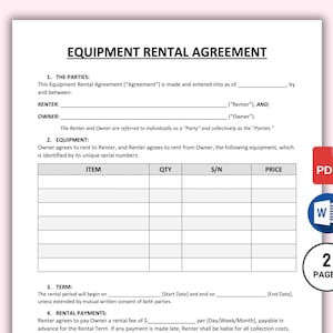 Equipment Rental Agreement Templates Editable. Equipment Rental Contract Form. Equipment Lease. Printable PDF, MS WORD. Instant Download