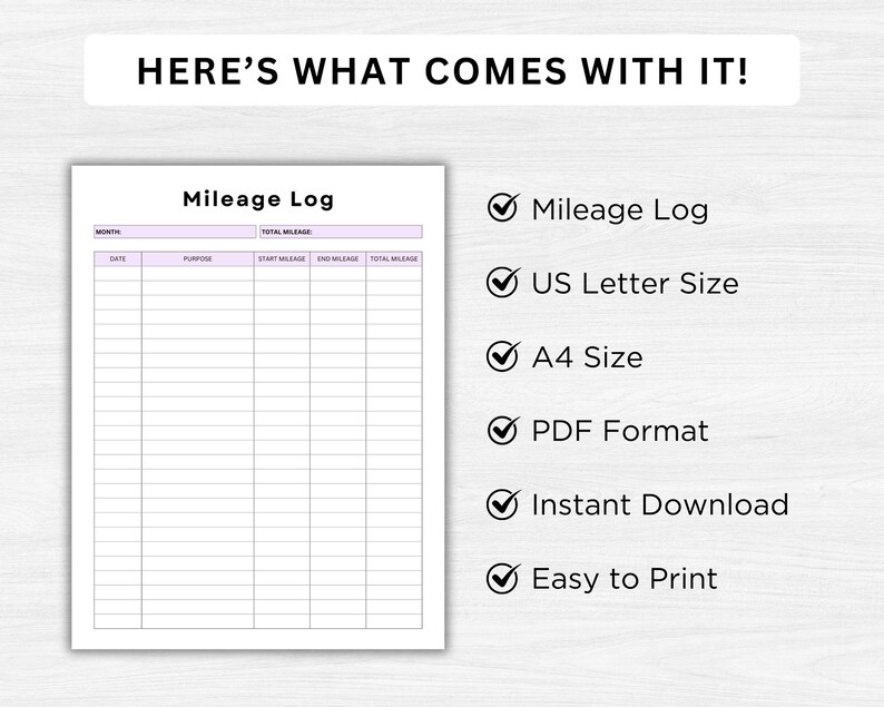 Printable Vehicle Mileage Log, Business Mileage Tracker, Work Trip ...