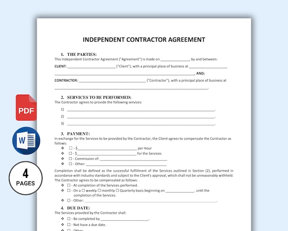 Independent Contractor Agreement Template, Editable Freelancer Work Contract, Business Legal Form, PDF & Word
