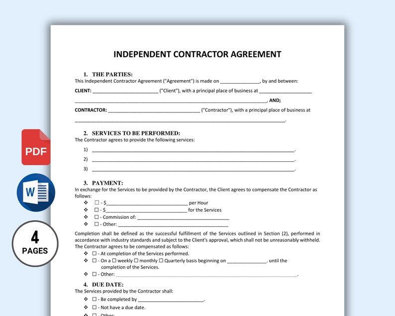 K&ouml;nnte beinhalten: Ein wei&szlig;es Dokument mit dem Titel &bdquo;Independent Contractor Agreement&ldquo;. Das Dokument enth&auml;lt Abschnitte f&uuml;r Parteien, Dienstleistungen, Zahlung und F&auml;lligkeitstermine. PDF- und Word-Symbole befinden sich links, zusammen mit einer Grafik &bdquo;4 SEITEN&ldquo;.