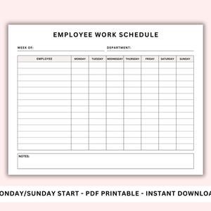 Puede incluir: Una plantilla de horario de trabajo de empleados imprimible con columnas para los nombres de los empleados, los días de la semana y las notas. La plantilla está diseñada para una semana laboral de lunes a domingo.