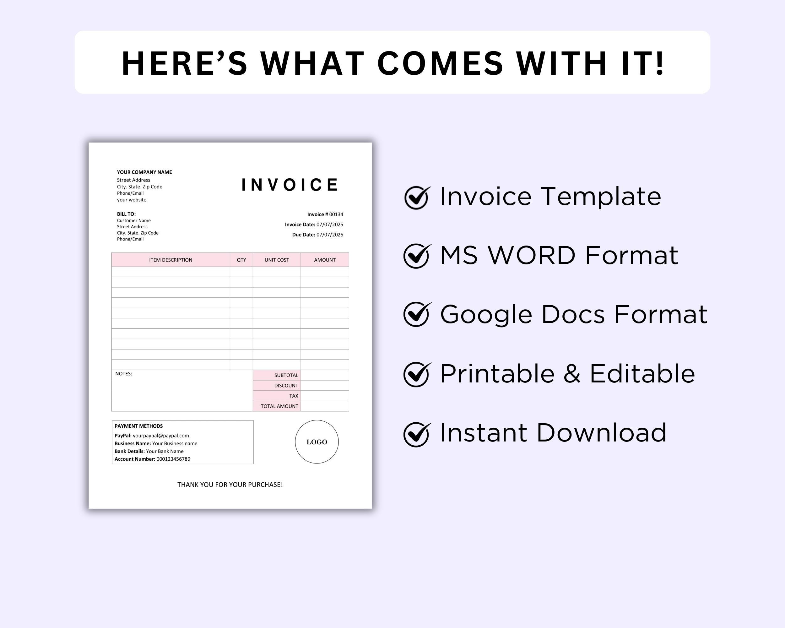 Invoice Template Word & Google Docs. Editable Business Invoice Form ...