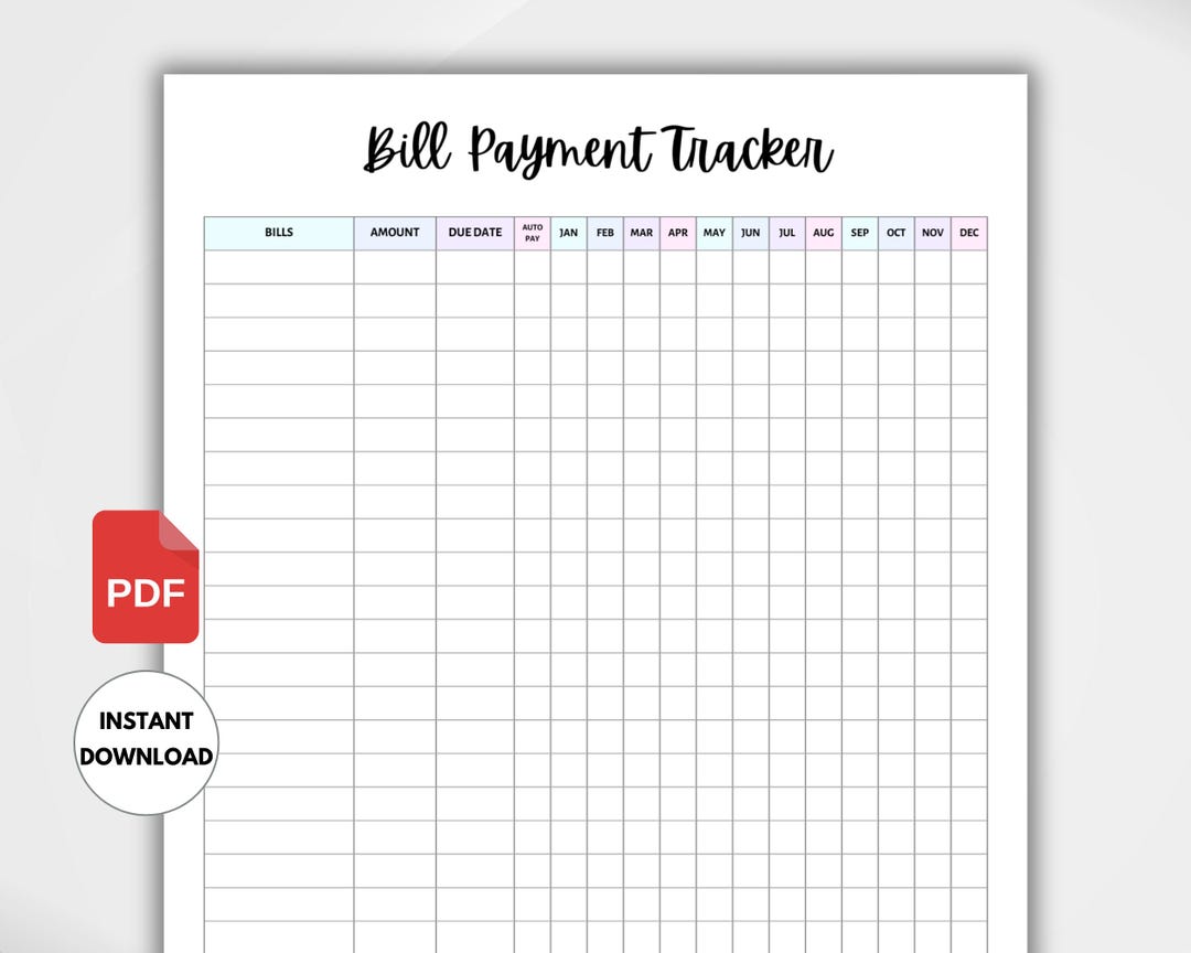 Yearly Bill Payment Tracker. Printable Bill Payment Checklist. Monthly ...