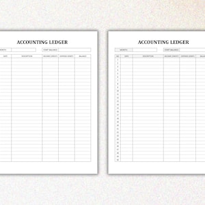 May include: Two blank accounting ledger pages with columns for month, date, description, income/credit, expense/debit, and balance. Each page has 30 rows.