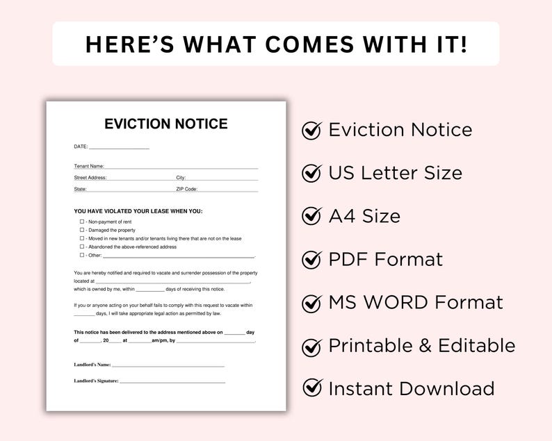 Printable Eviction Notice. Lease Termination Form. Editable Notice to ...