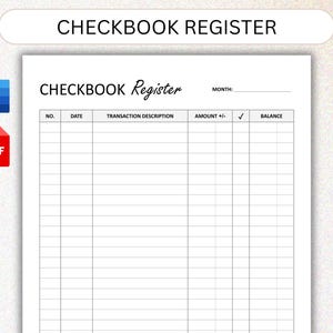 Op de afbeelding: Een zwart-witte printbare chequeboekregister-sjabloon met de woorden "CHECKBOOK Register" bovenaan. De sjabloon heeft kolommen voor nummer, datum, transactiebeschrijving, bedrag, vinkje en saldo.