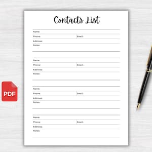 PRINTABLE Contact List. Contact Organizer. Contact Information. Contact List Sheet Templates. Phone Number Email List. Instant Download PDF