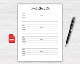 Editable Contact List Template Printable, Contact Sheet PDF, Printable ...