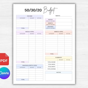 50/30/20 Budget Template Printable PDF, Monthly Budget Planner, Digital Finance Tracker, Weekly Paycheck Budget Planner, Digital Download